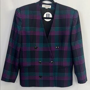 Women's Plaid Jacket - Purple and Green double breasted blazer v neck buttondown